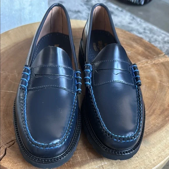 Men's Navy Blue Leather Slip-On Loafers Lug Sole Contrast